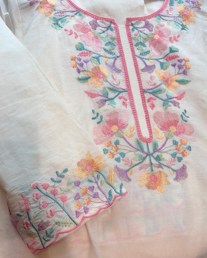 White Kadhi Suit Embroidery with Dupatta - Set of 3
