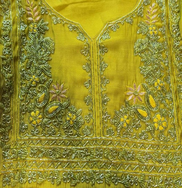 Olive Green Chanderi Floral Embroidery Anarkali suit-set of 3