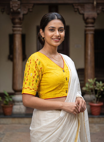 Yellow Kantha Hand Embroidered Cotton Silk Blouse