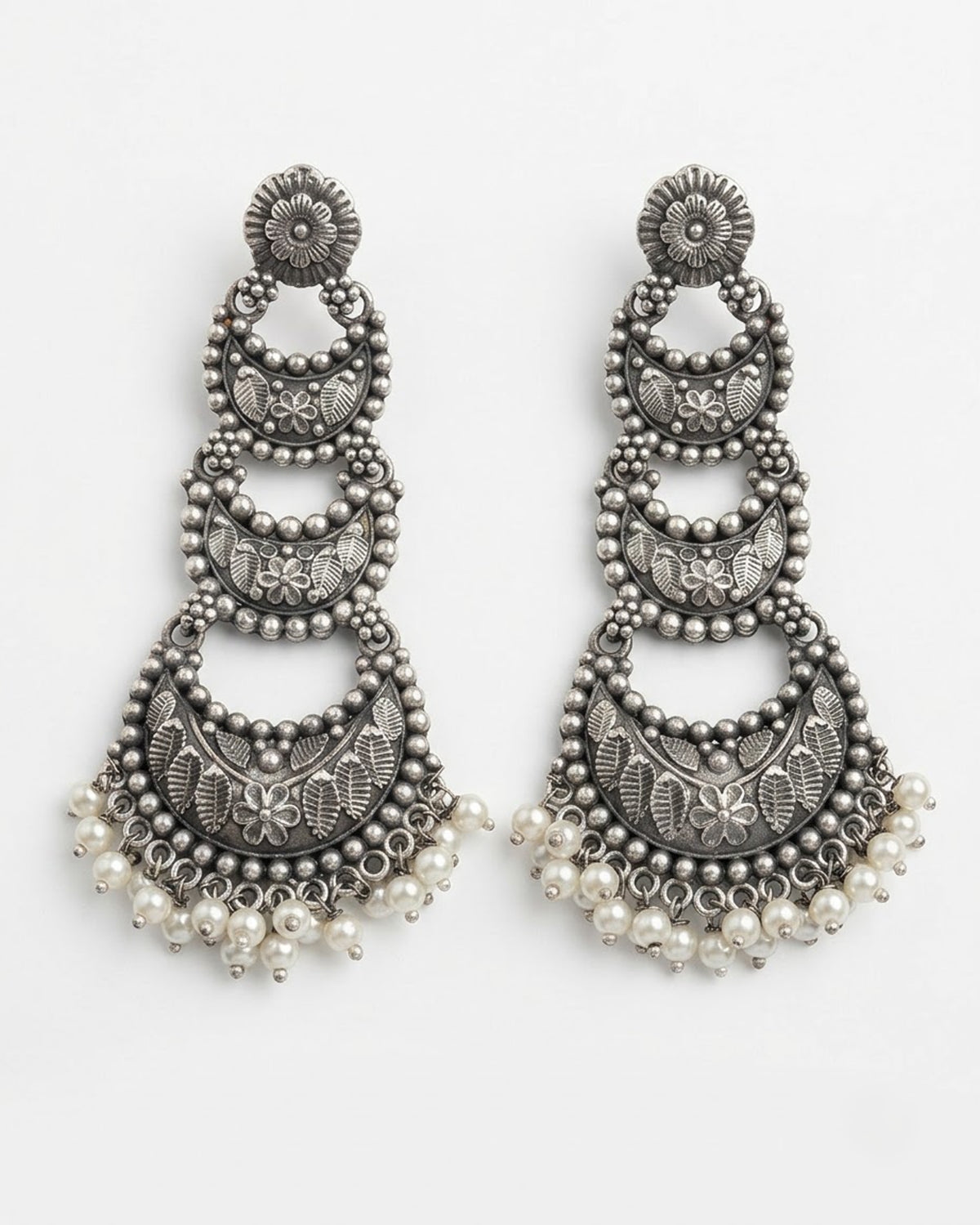 Zoya Oxidized Silver Tiered Chandbali Earrings with Pearl Drops