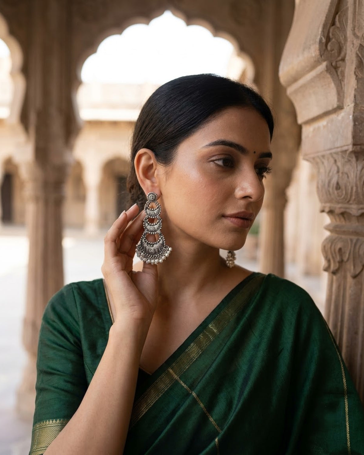 Zoya Oxidized Silver Tiered Chandbali Earrings with Pearl Drops