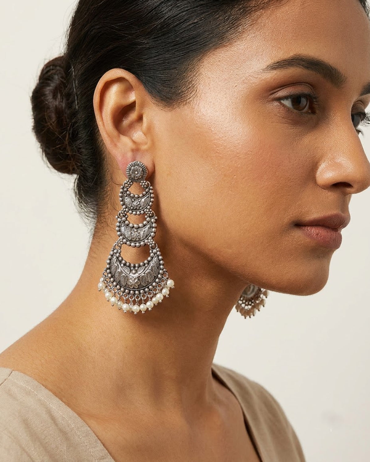 Zoya Oxidized Silver Tiered Chandbali Earrings with Pearl Drops