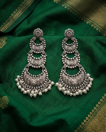 Zoya Oxidized Silver Tiered Chandbali Earrings with Pearl Drops