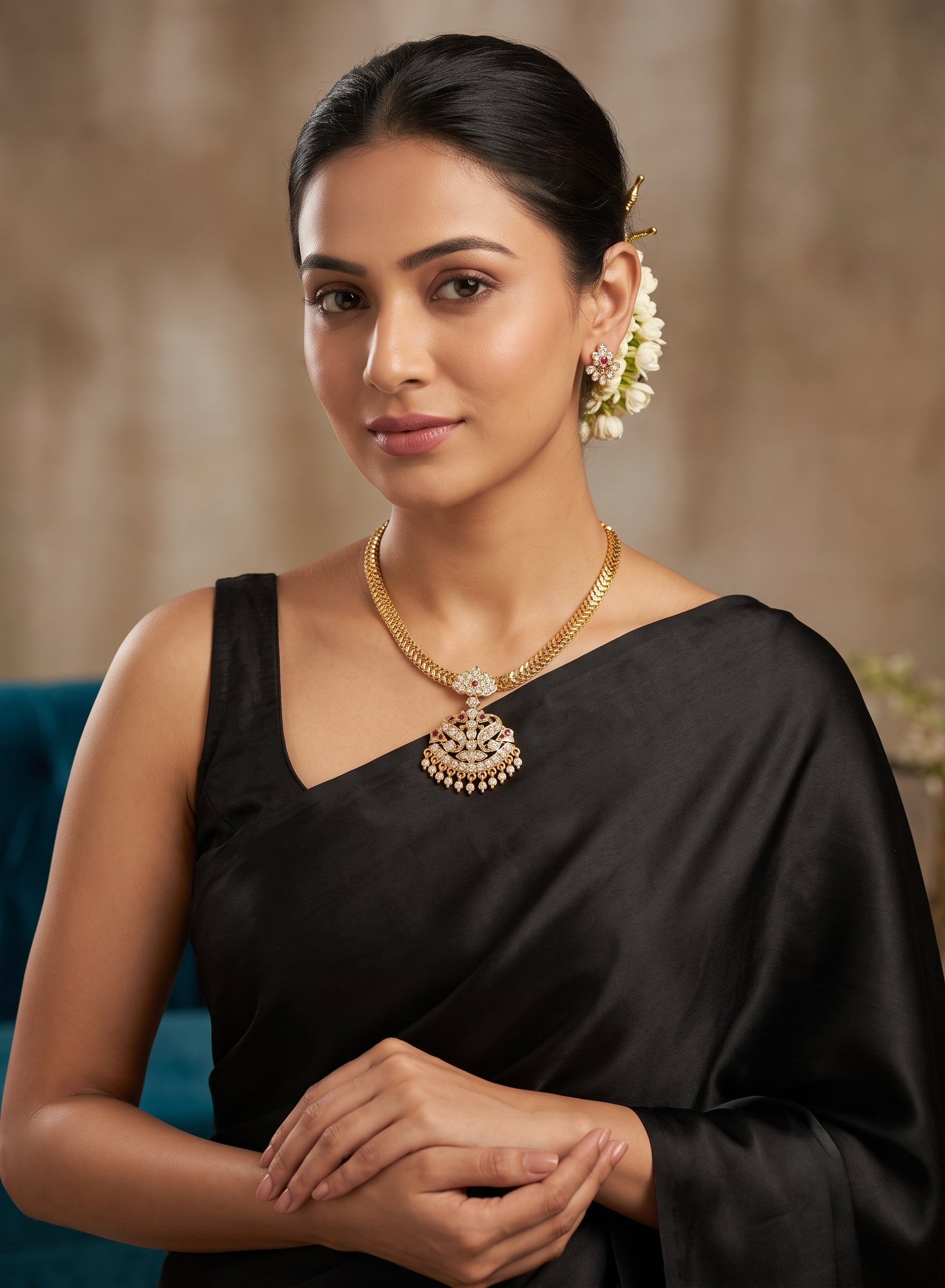 Heritage Peacock and Gemstone Attigai Necklace