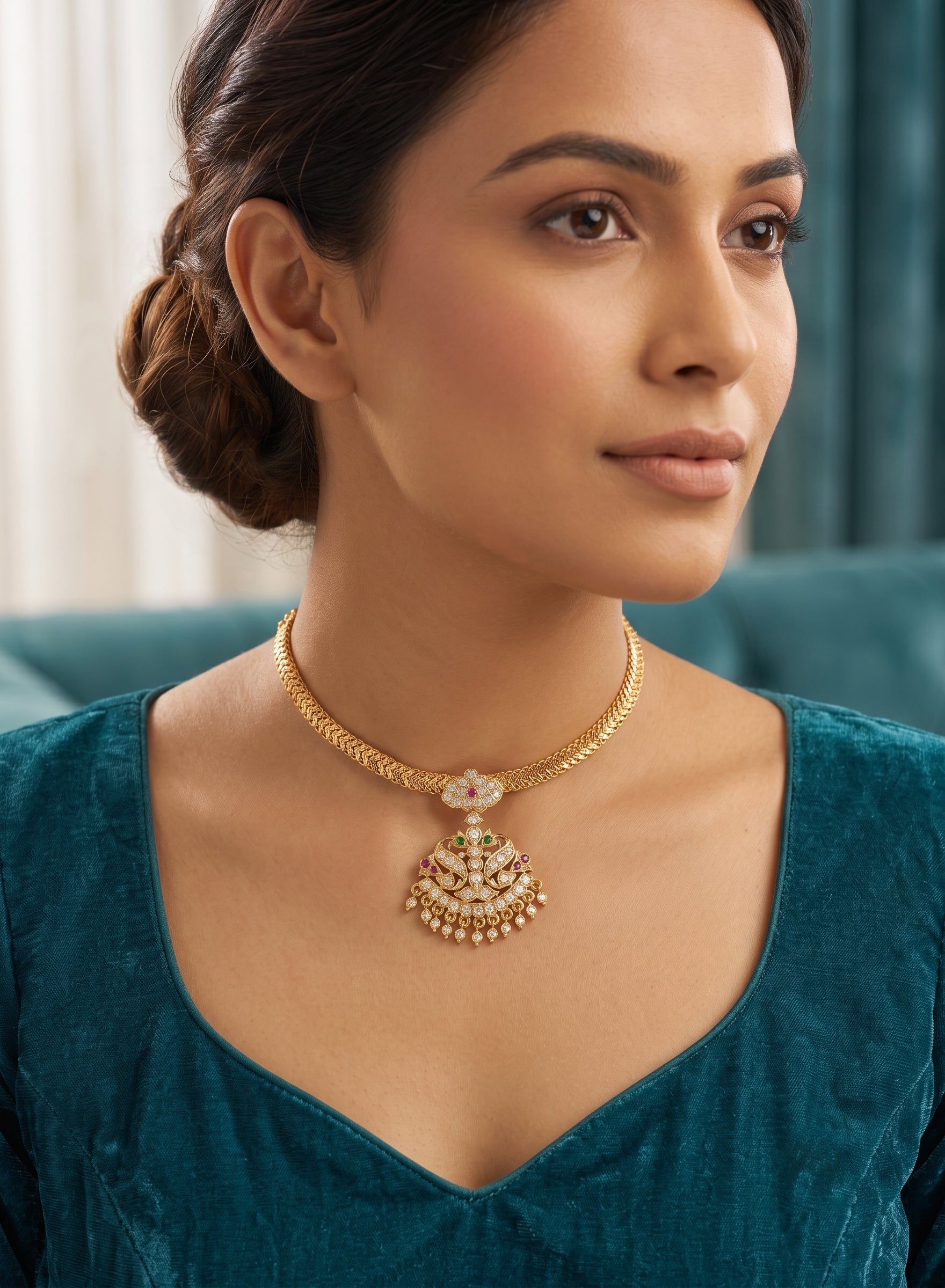 Heritage Peacock &amp; Gemstone Attigai Necklace