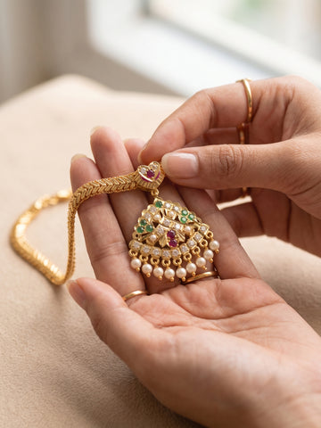 Pearl-Trimmed Geometric Attigai Necklace