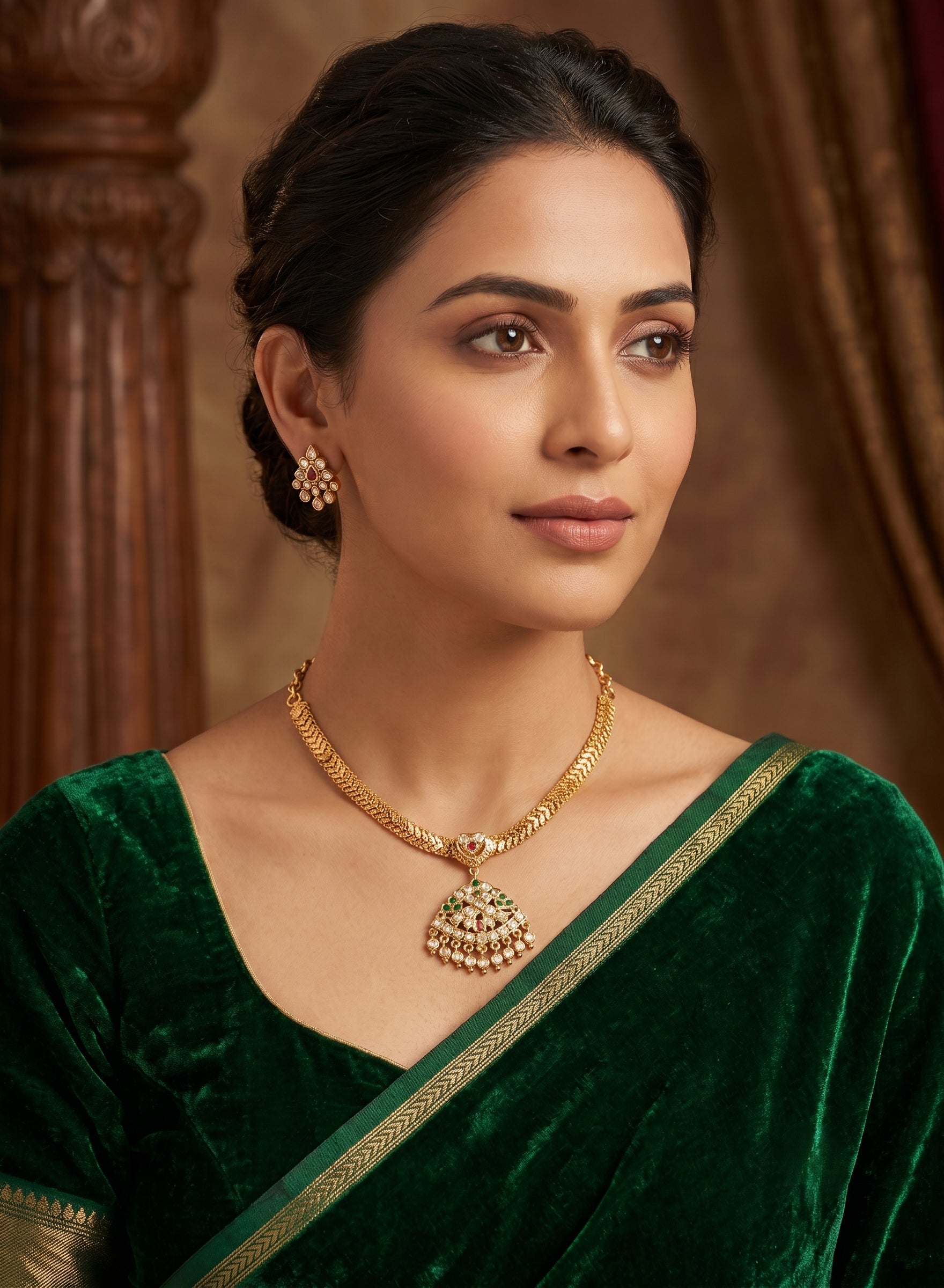 Pearl-Trimmed Geometric Attigai Necklace