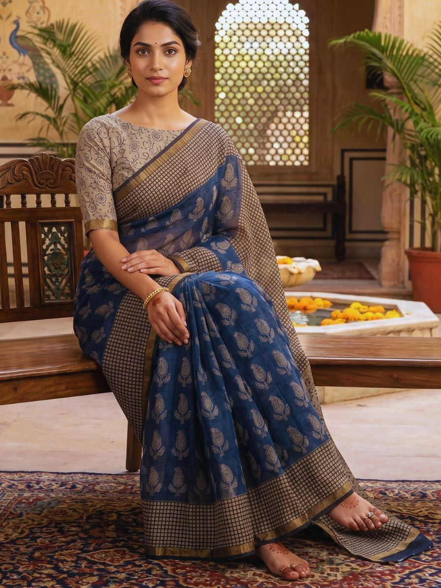 Blockprinted Kota cotton saree - indigo bagru