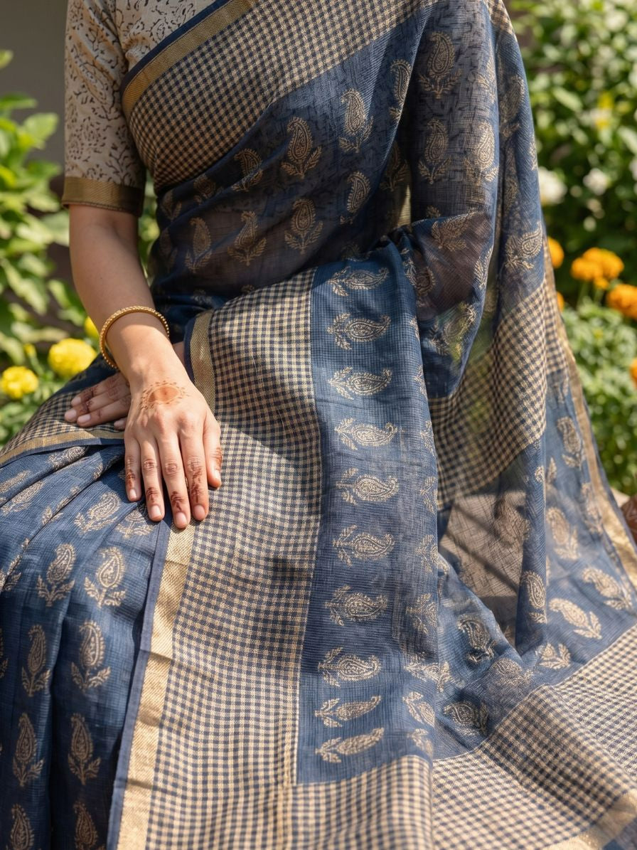 Blockprinted Kota cotton saree - indigo bagru