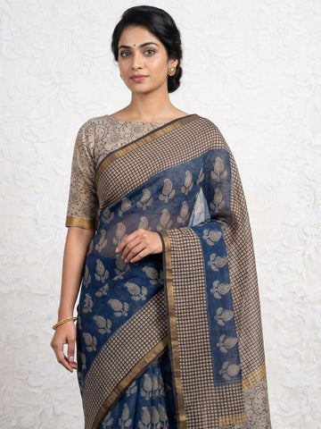Blockprinted Kota cotton saree - indigo bagru