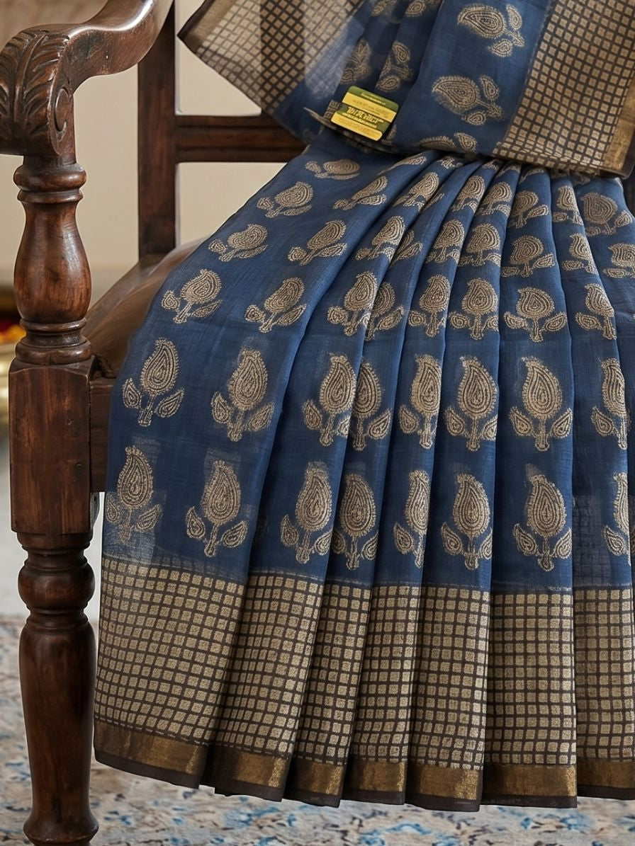 Blockprinted Kota cotton saree - indigo bagru