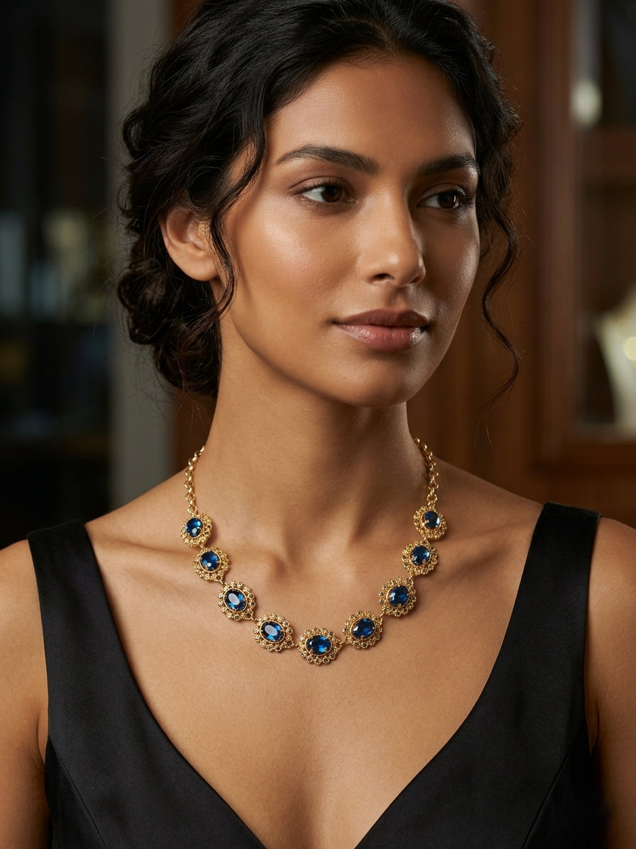 Vintage style panchaloham big stud necklace - Krishna Blue