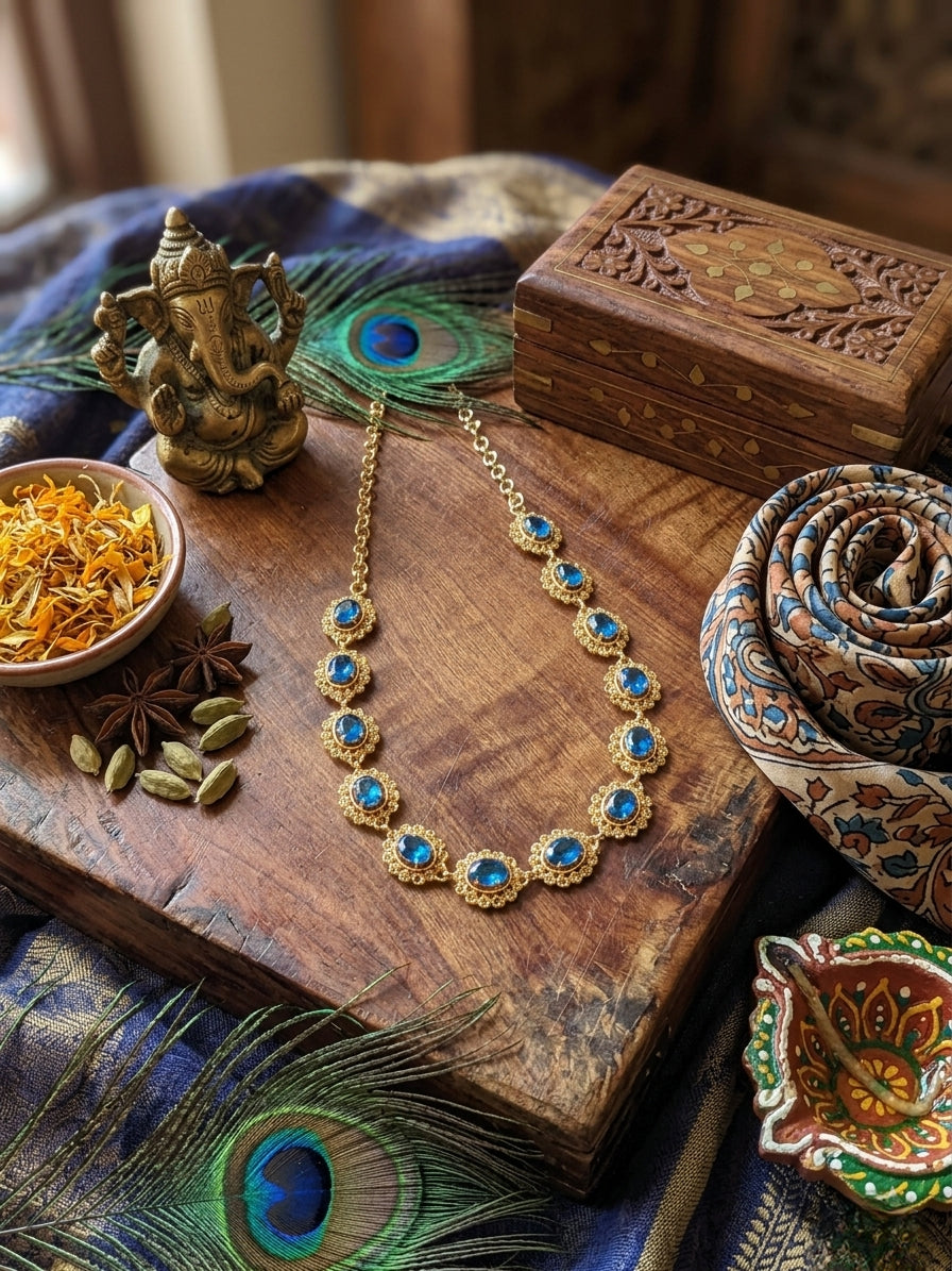 Vintage style panchaloham big stud necklace - Krishna Blue