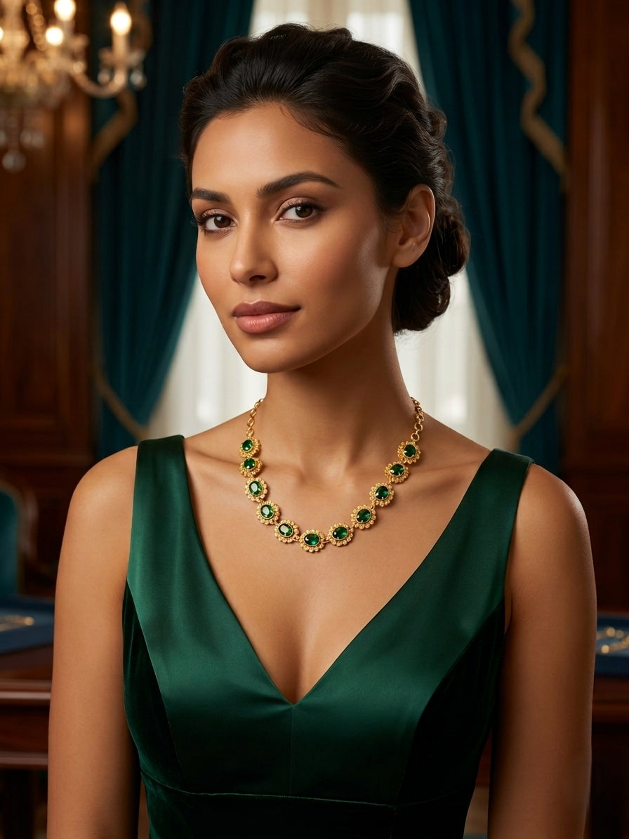 Vintage style panchaloham green big stud Necklace