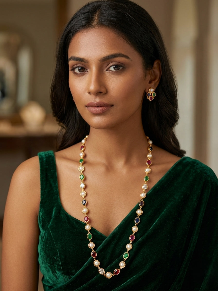 Panchaloham long pearl and ruby long haram