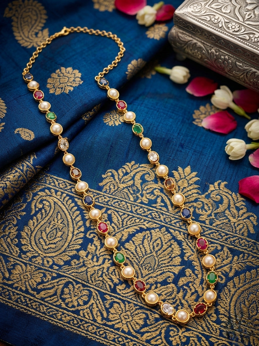 Panchaloham long pearl and ruby long haram