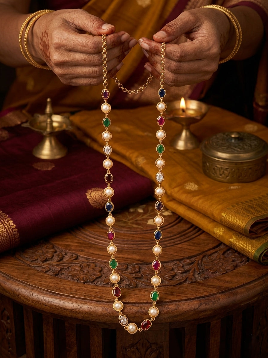 Panchaloham long pearl and ruby long haram