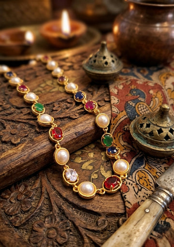 Panchaloham long pearl and ruby long haram