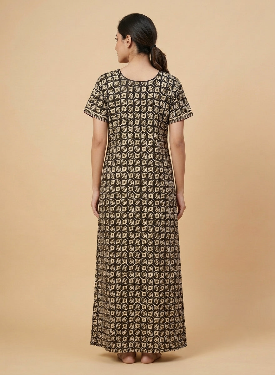 Black & Beige Geometric Print Cotton Nighty – Red Mirror Work Yoke