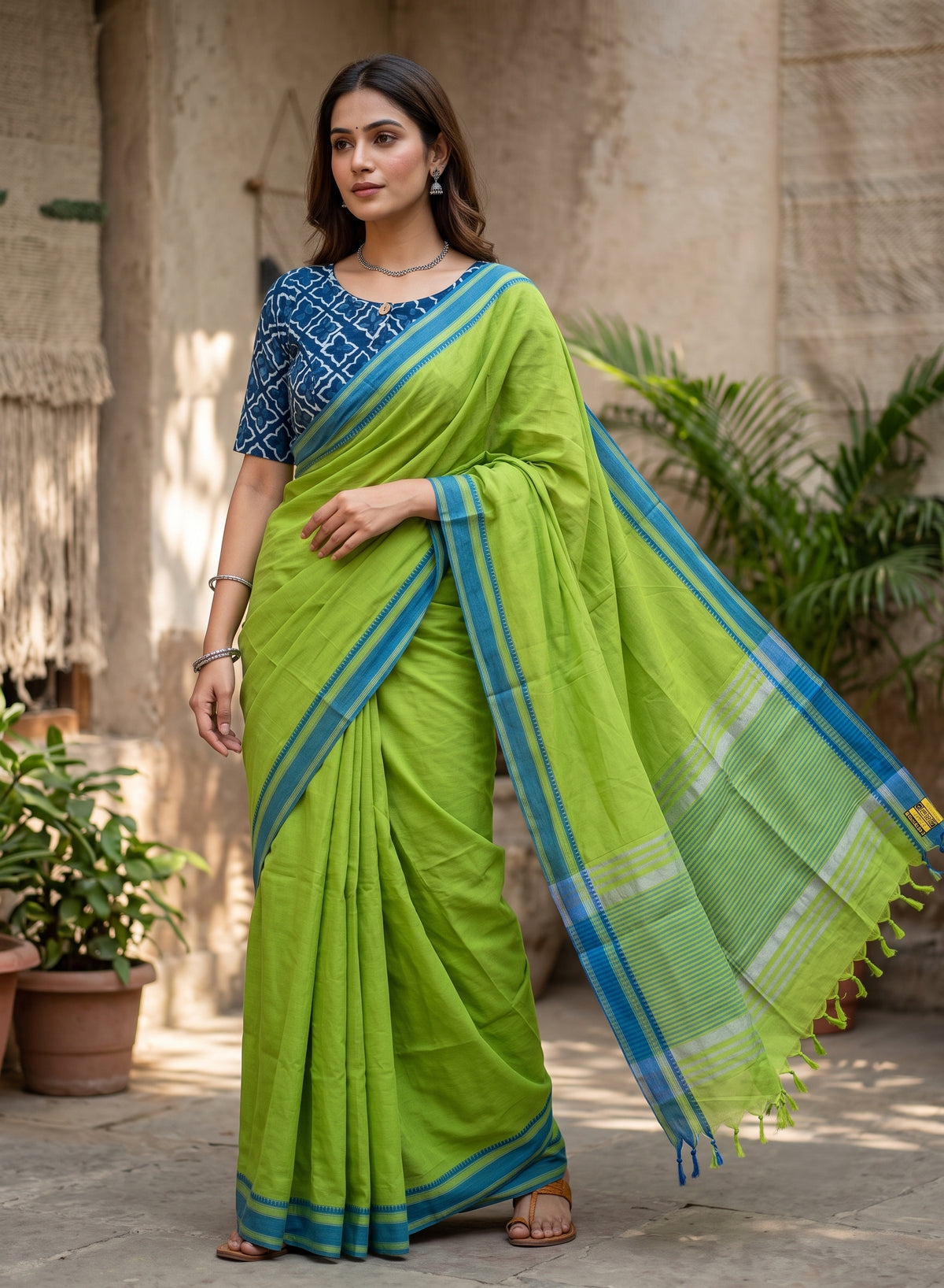 Chirala Powerloom cotton saree with Ready to wear Blouse - Combo