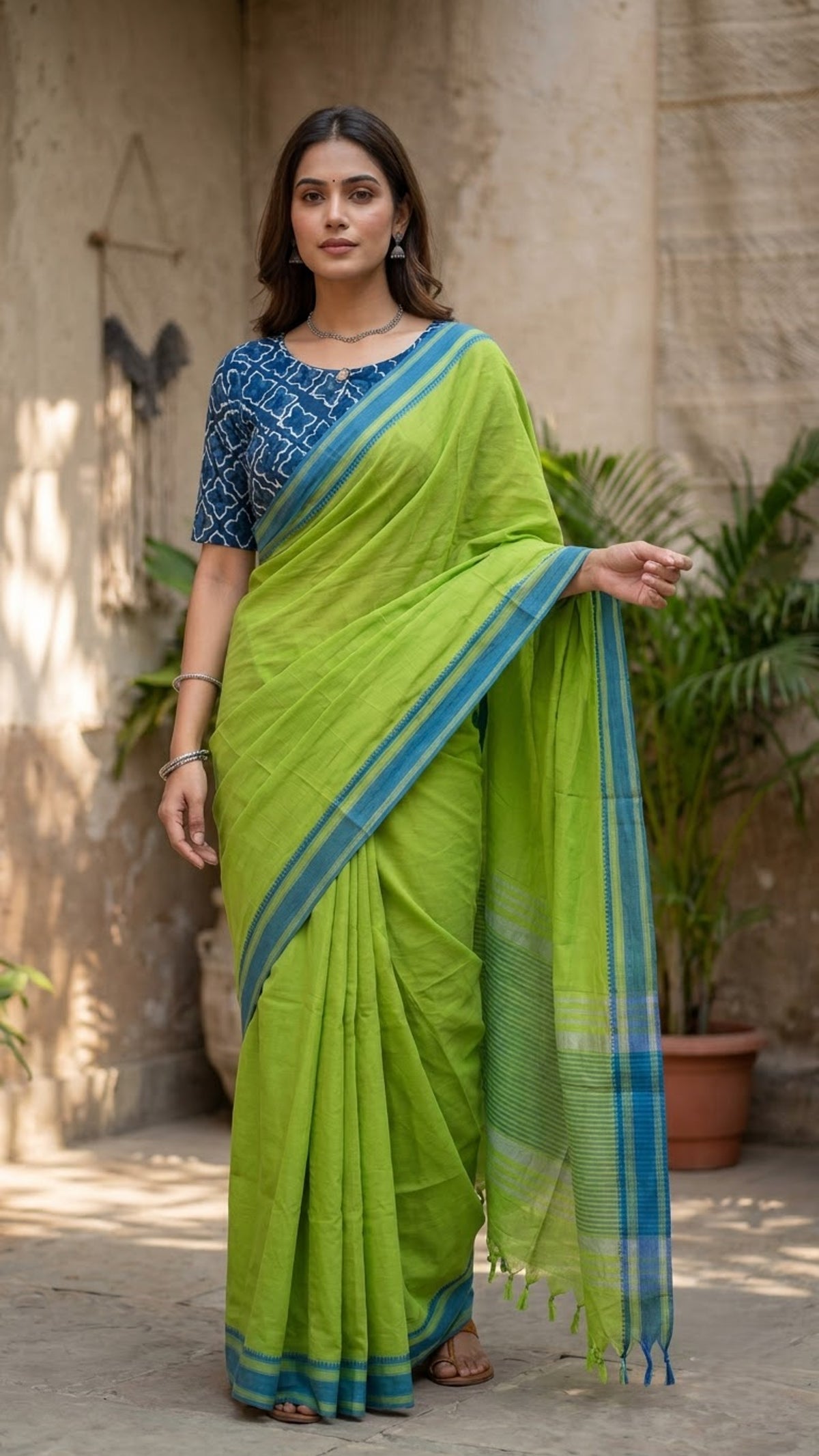 Chirala Powerloom cotton saree with Ready to wear Blouse - Combo