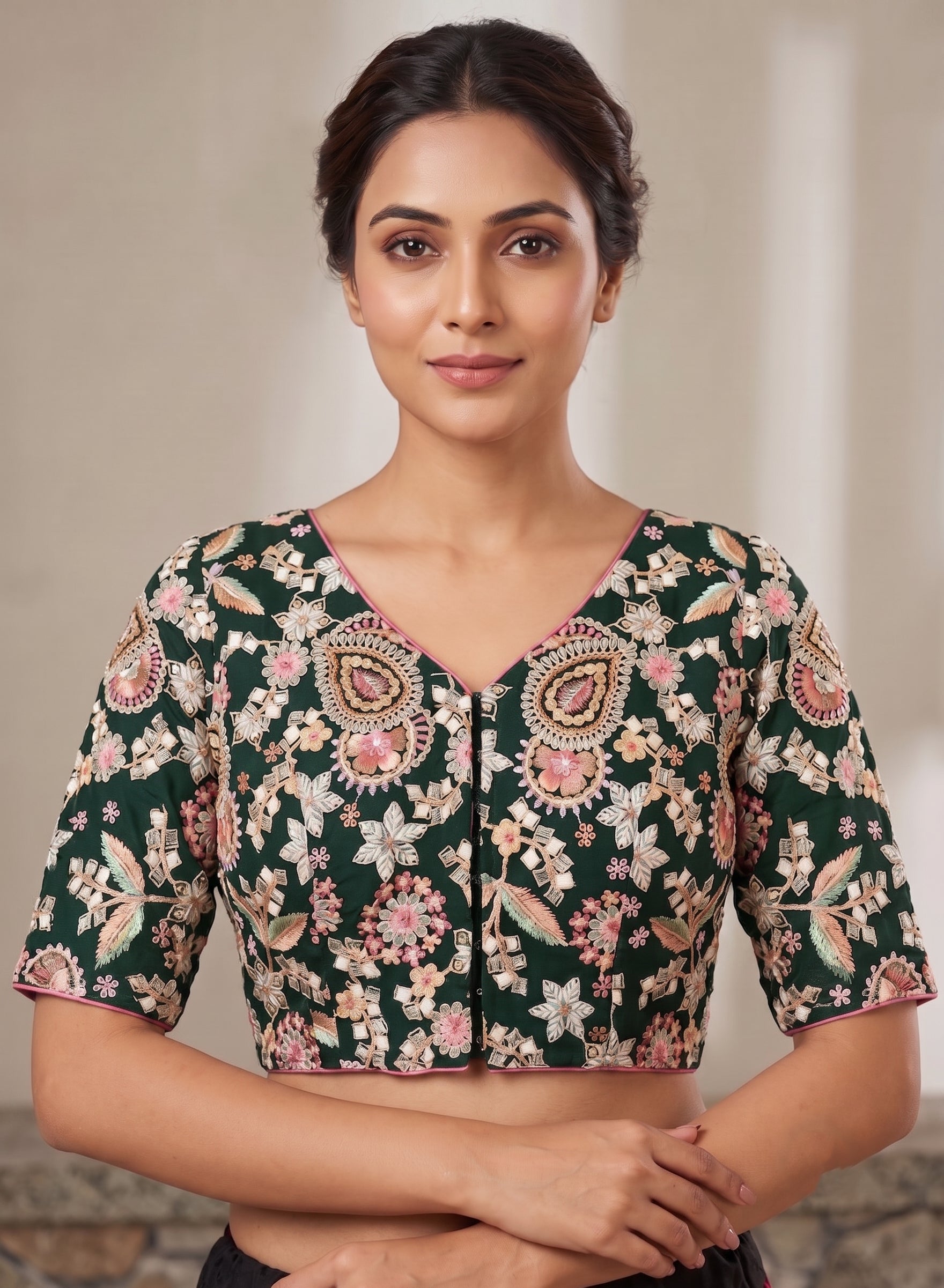 Green Silk Thread & Chip Work Embroidery Blouse