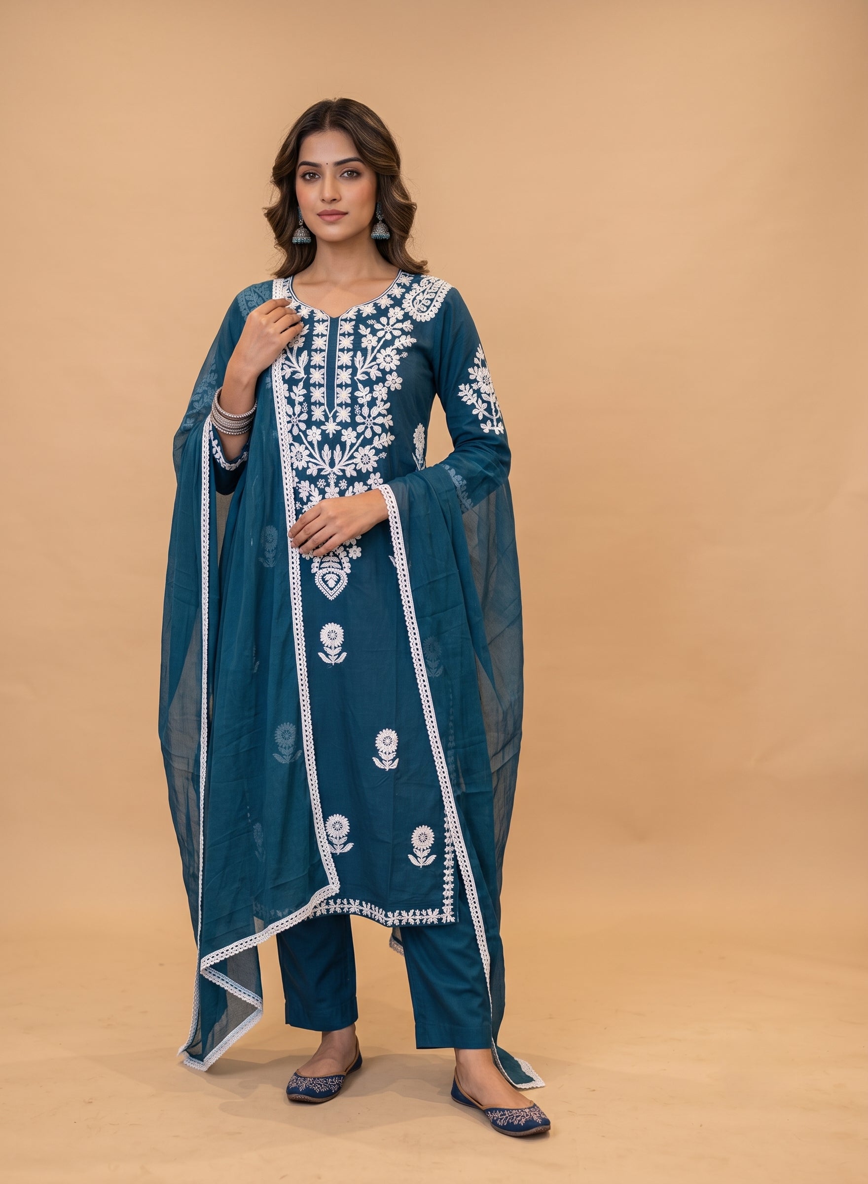 Teal Blue Cotton Suit with Chikankari work-set of 3