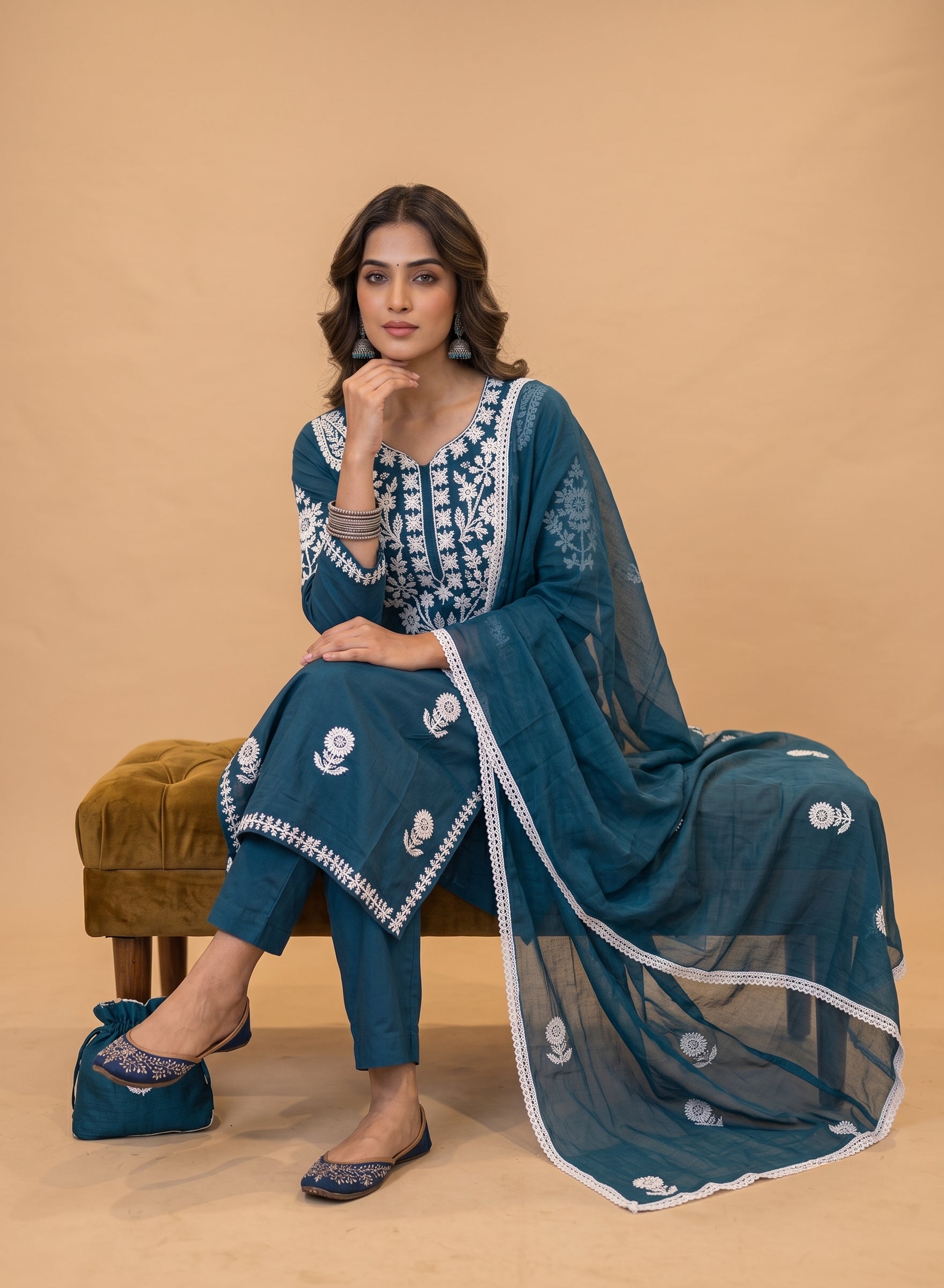 Teal Blue Cotton Suit with Chikankari work-set of 3