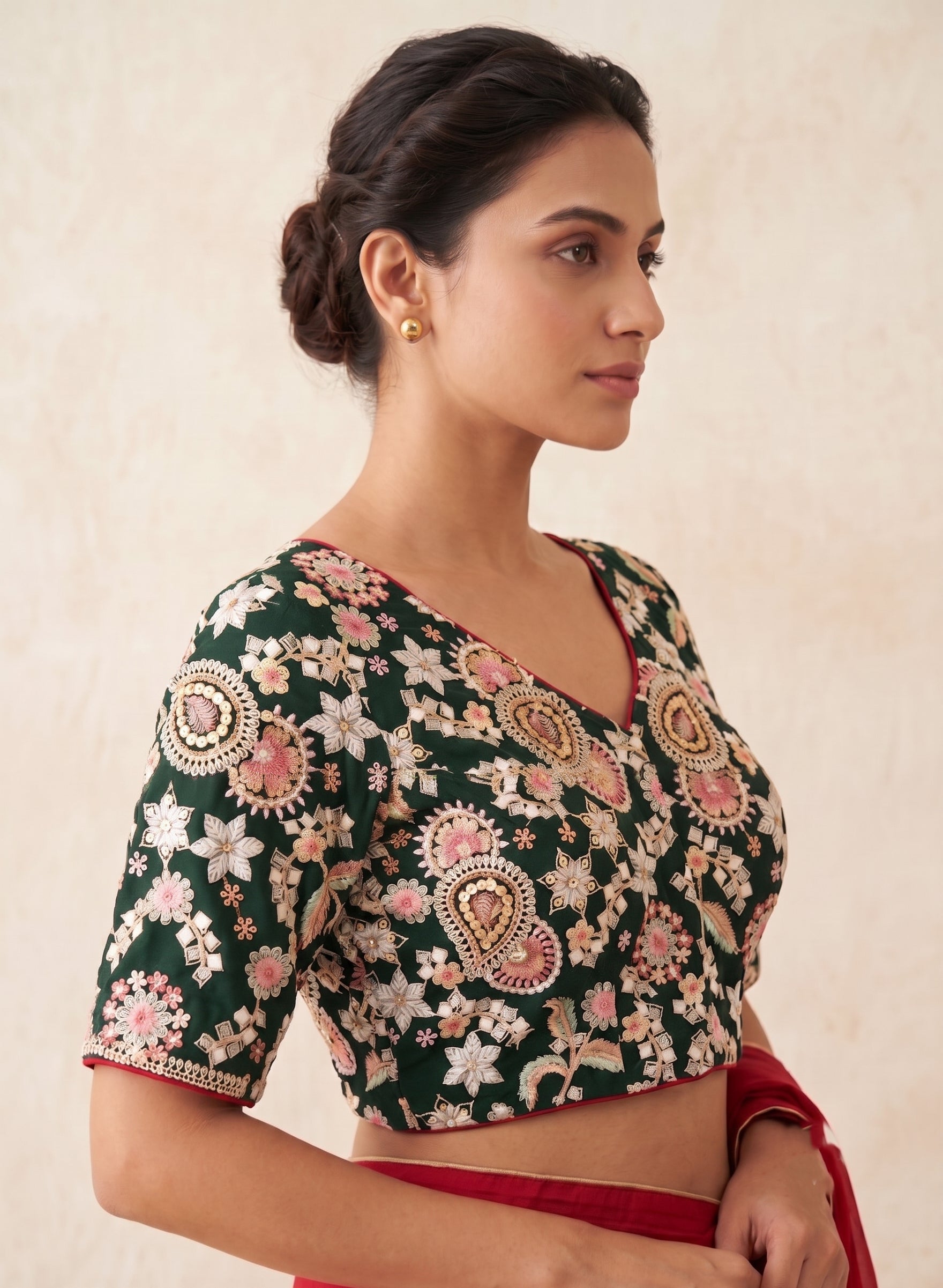Green Silk Thread & Chip Work Embroidery Blouse