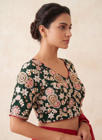 Green Silk Thread & Chip Work Embroidery Blouse