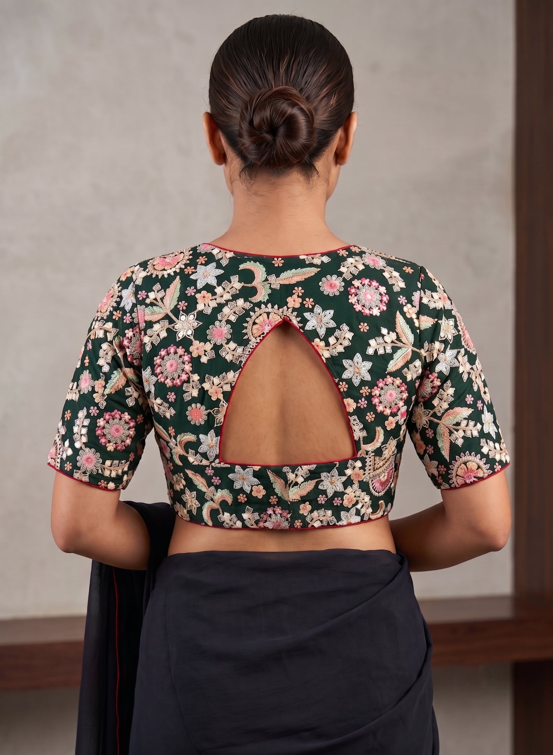 Green Silk Thread & Chip Work Embroidery Blouse
