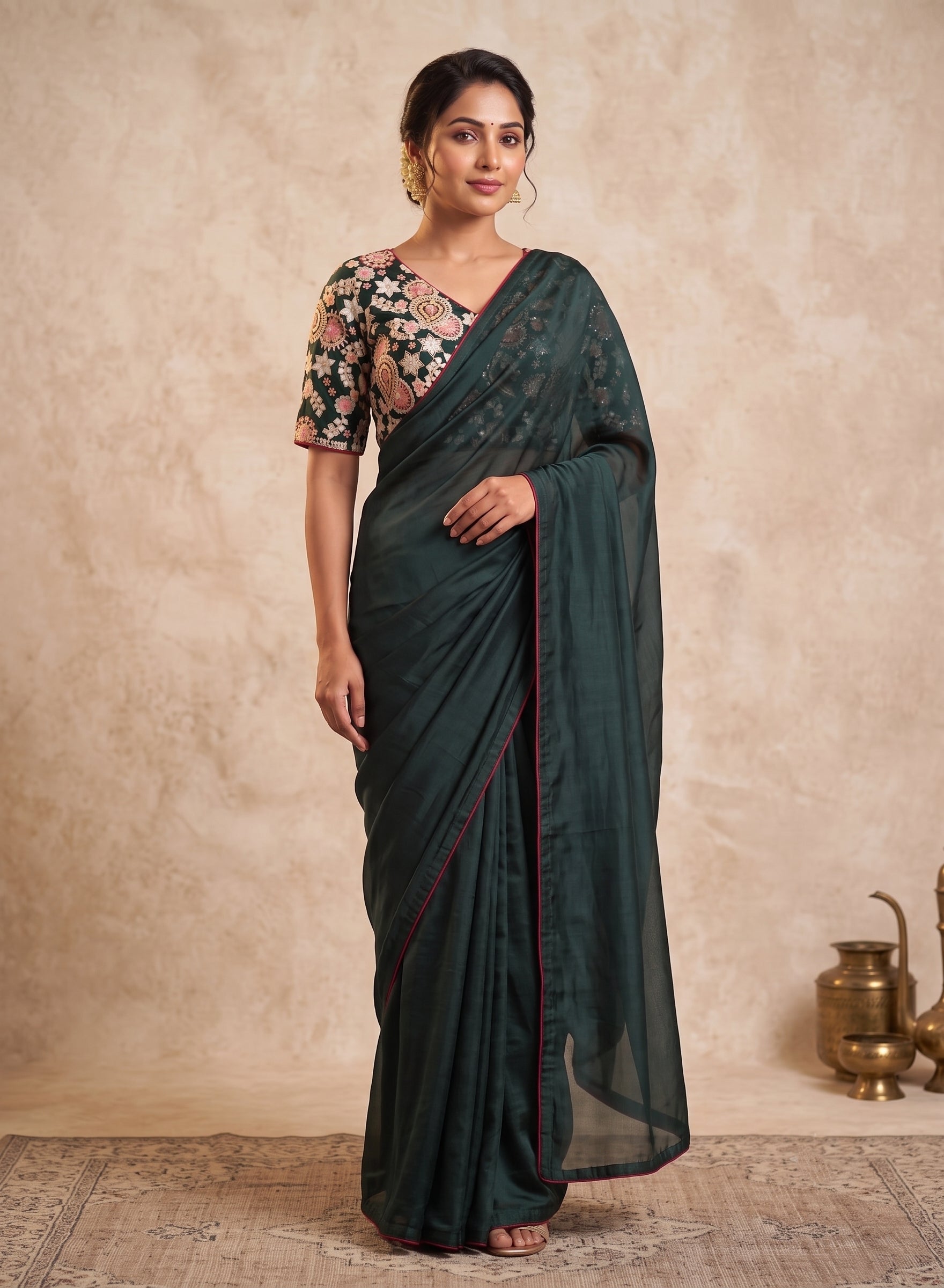 Green Silk Thread & Chip Work Embroidery Blouse
