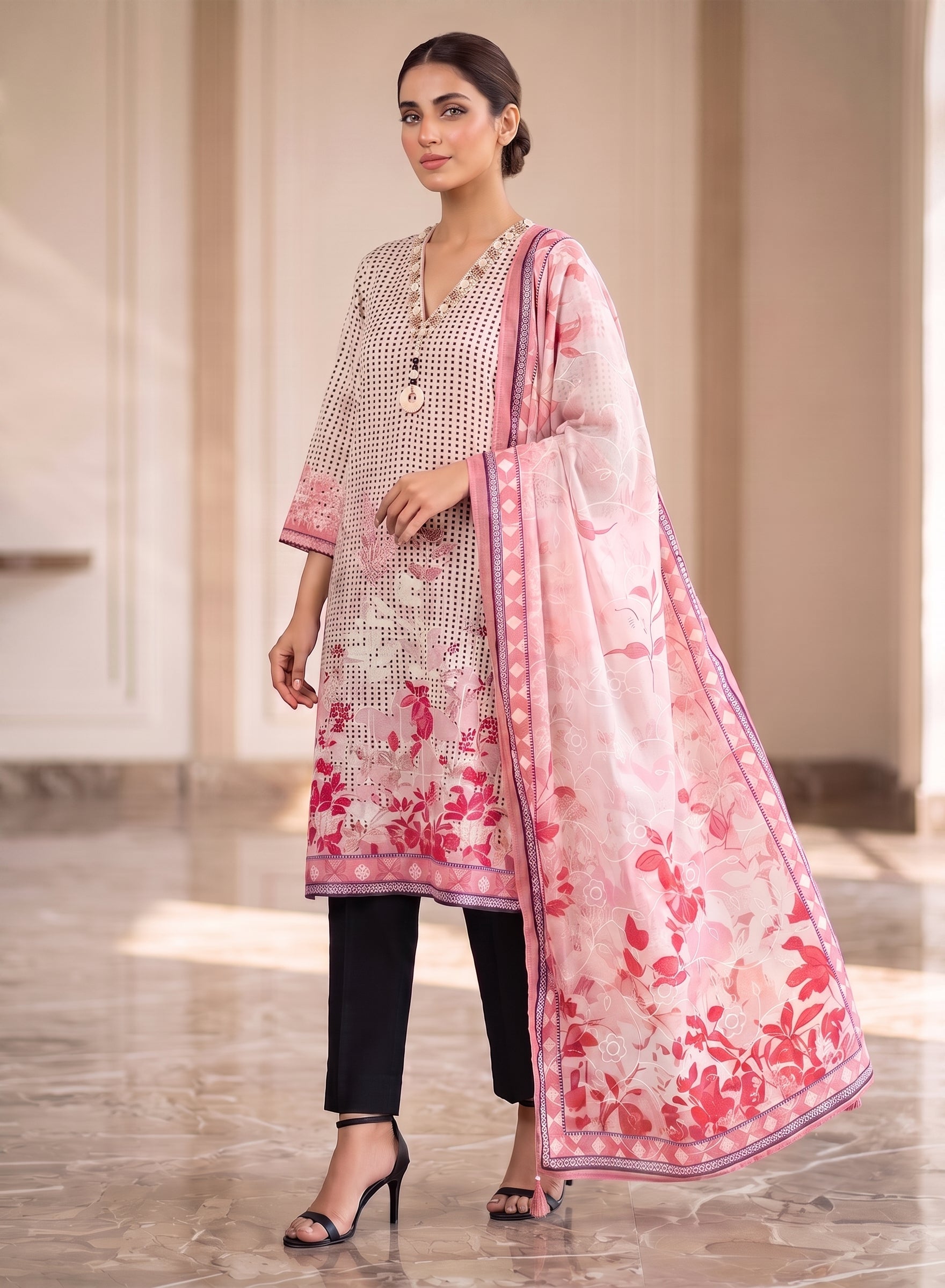 Checks Pattern Viscose Cotton Suit with Embroidery work-set of 3