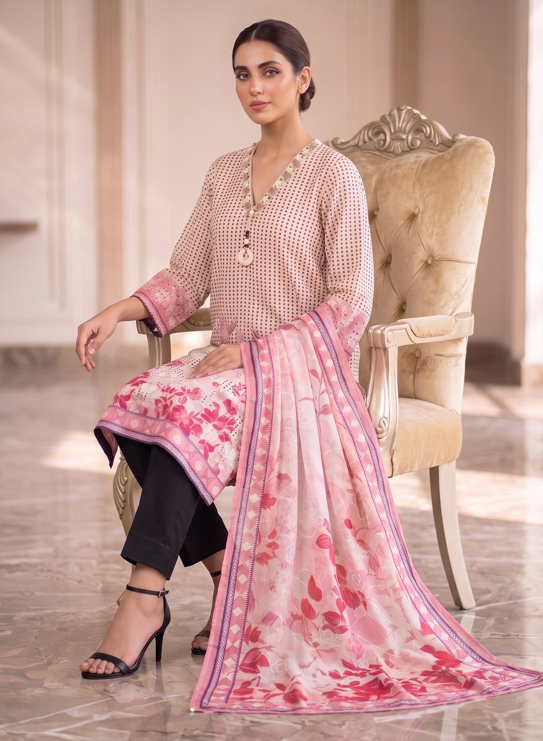 Checks Pattern Viscose Cotton Suit with Embroidery work-set of 3