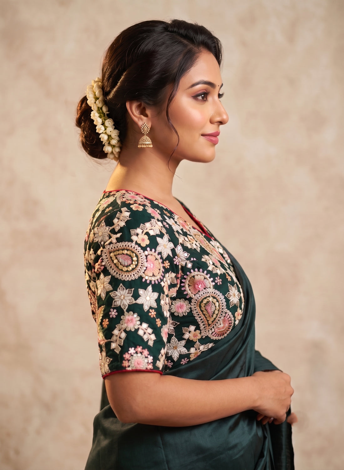 Green Silk Thread & Chip Work Embroidery Blouse