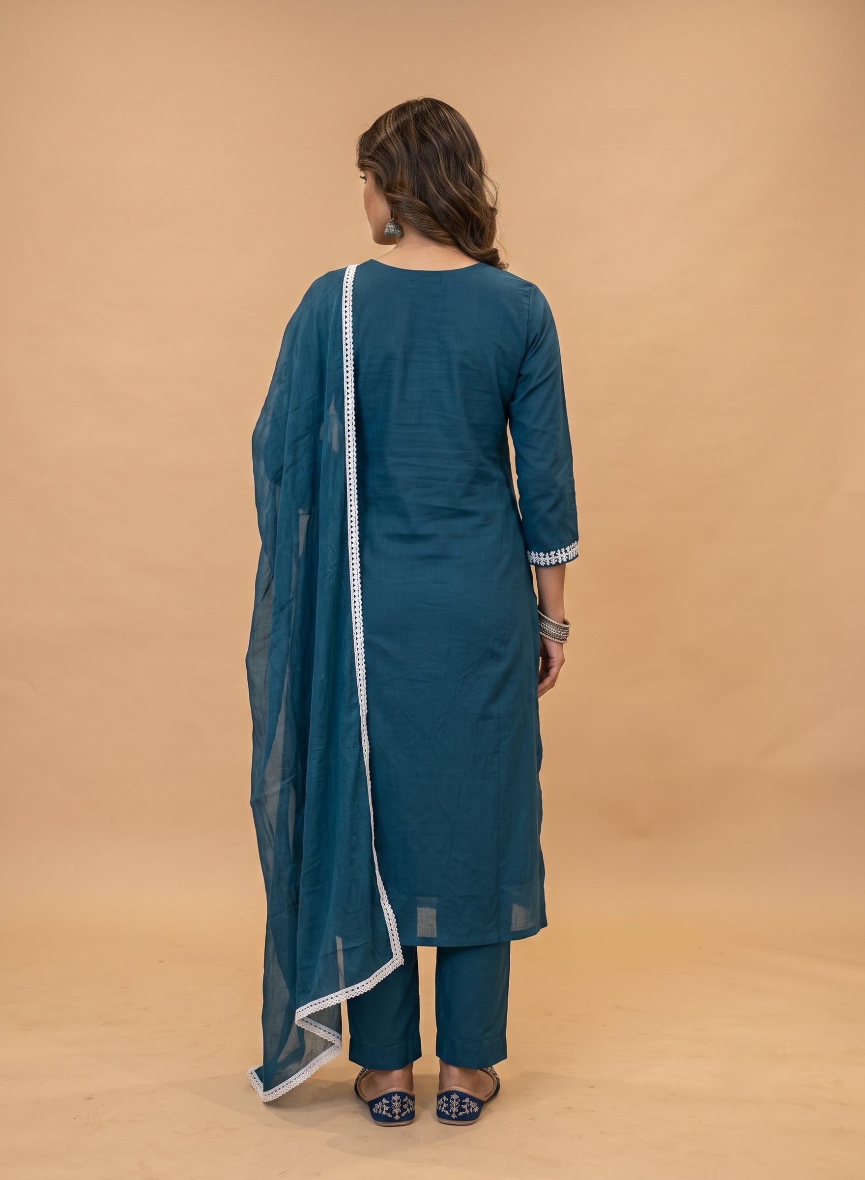Teal Blue Cotton Suit with Chikankari work-set of 3