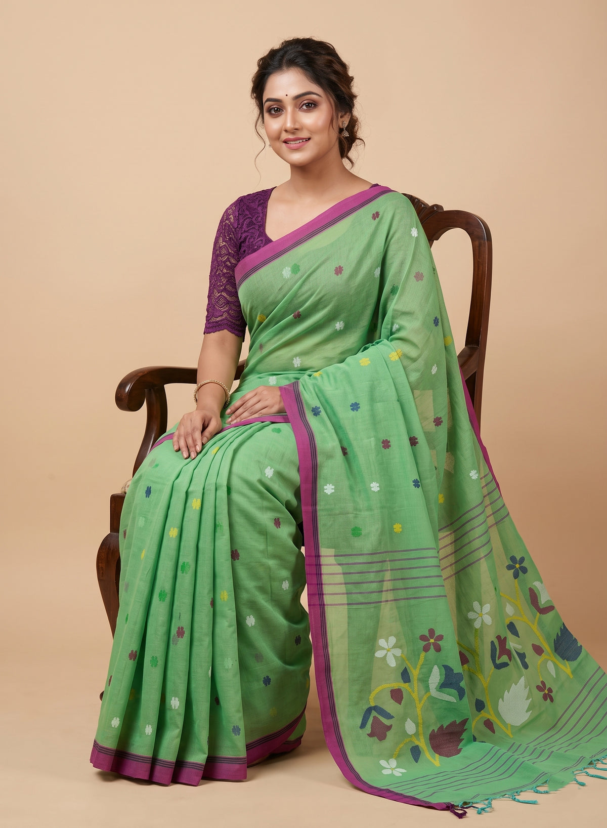 Pastel Green Jamdani Mul Cotton Saree with Floral Pallu & Pink Border
