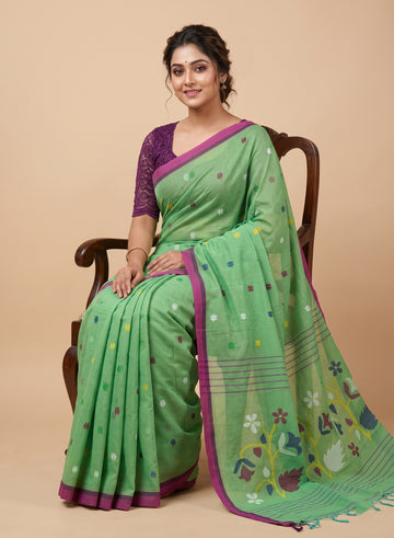 Pastel Green Jamdani Mul Cotton Saree with Floral Pallu & Pink Border