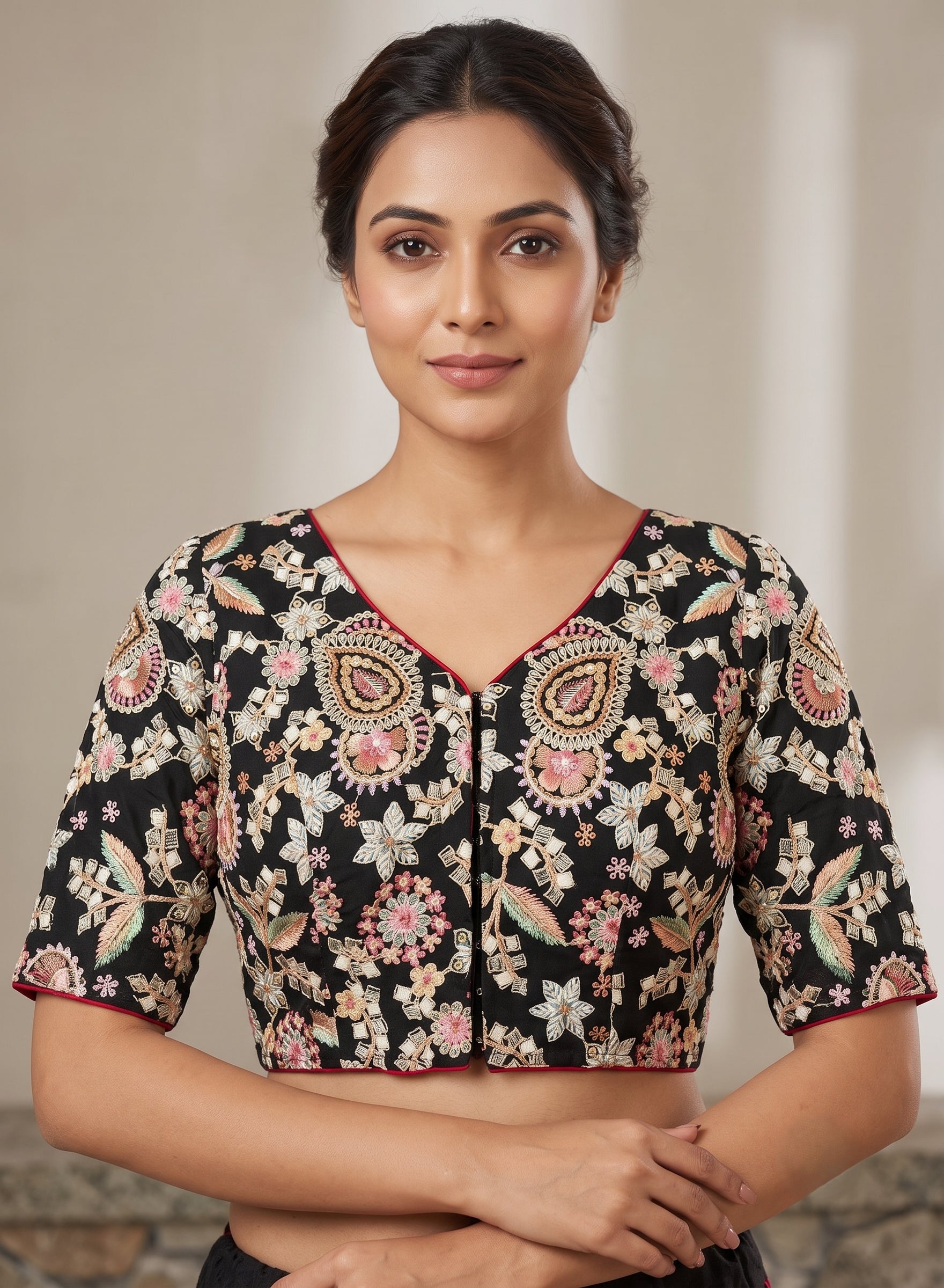 Black Silk Thread & Chip Work Embroidery Blouse