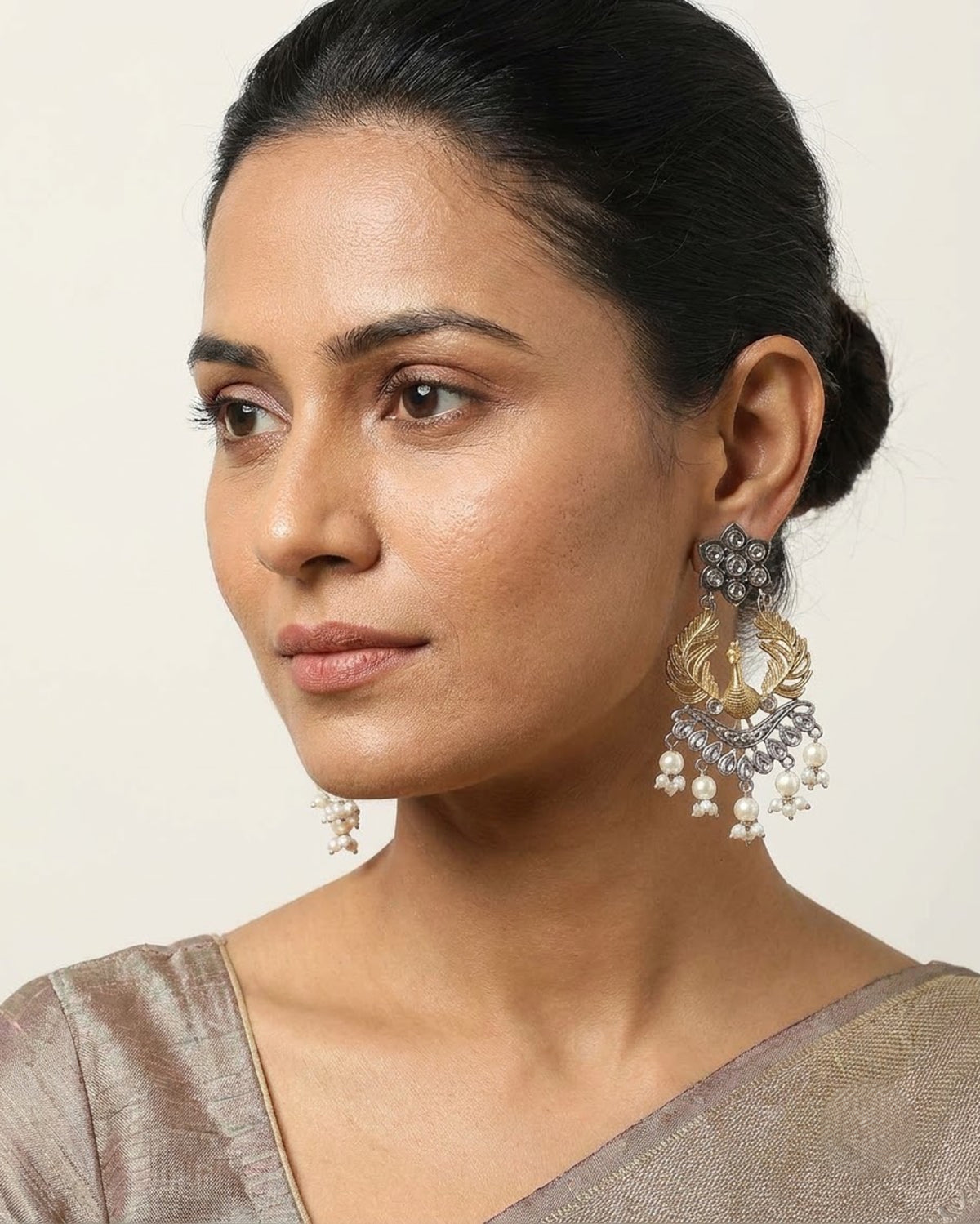 Peacock Dual Tone Pearl Statement Earrings