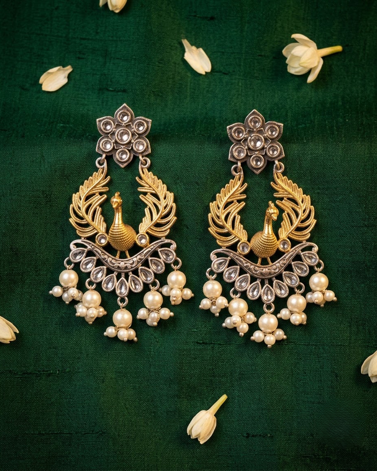 Peacock Dual Tone Pearl Statement Earrings