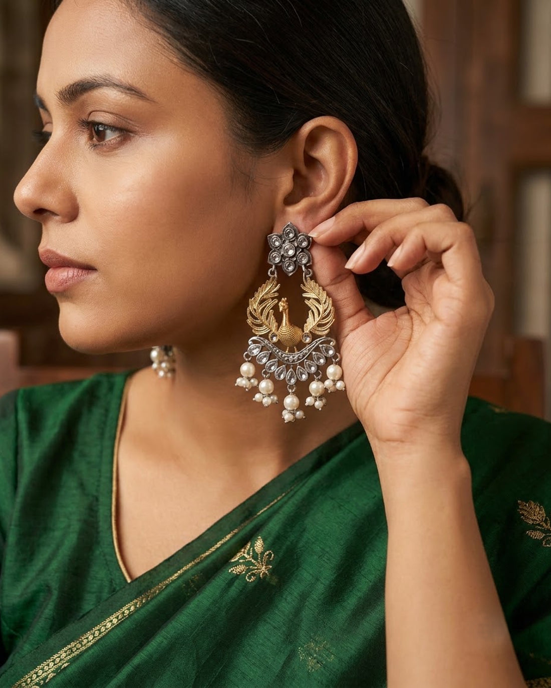 Peacock Dual Tone Pearl Statement Earrings