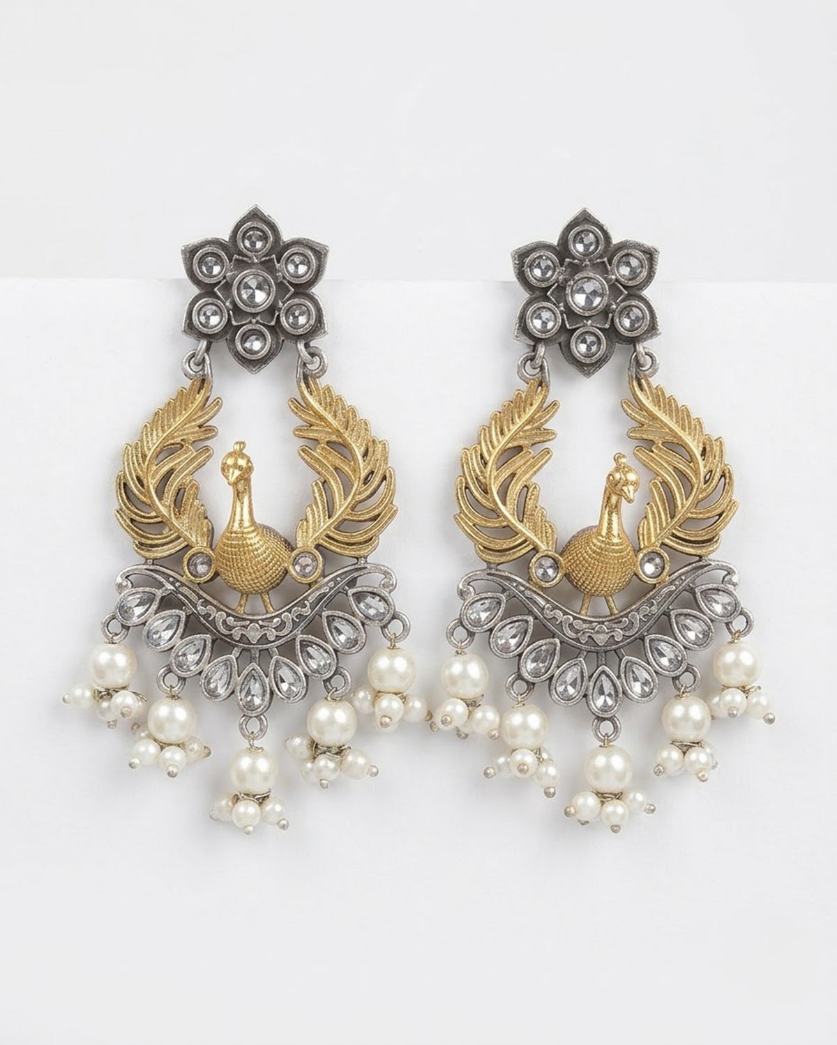 Peacock Dual Tone Pearl Statement Earrings