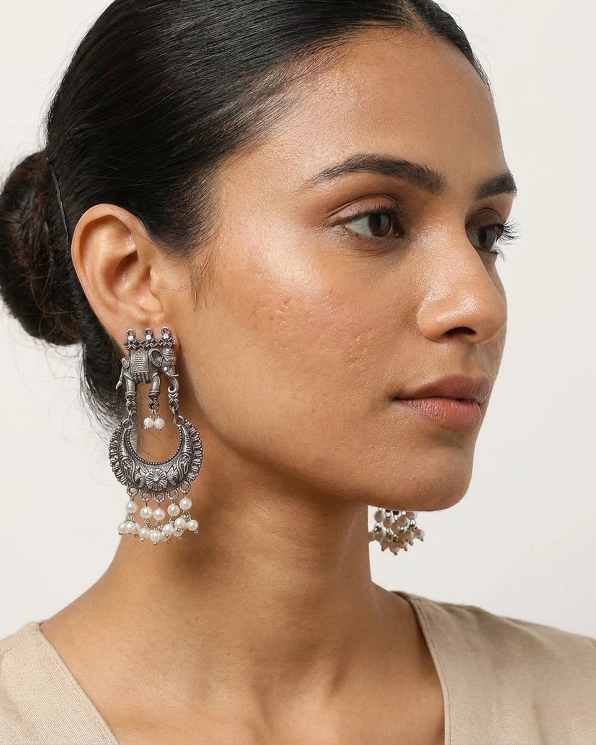 Antique Oxidized Elephant Pearl Chandelier Earrings