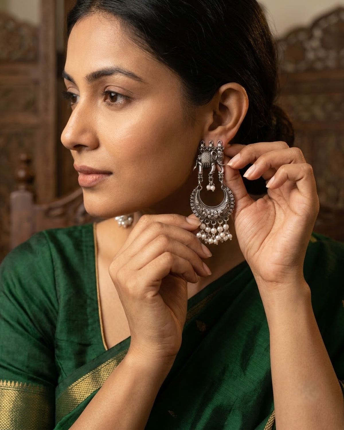 Antique Oxidized Elephant Pearl Chandelier Earrings