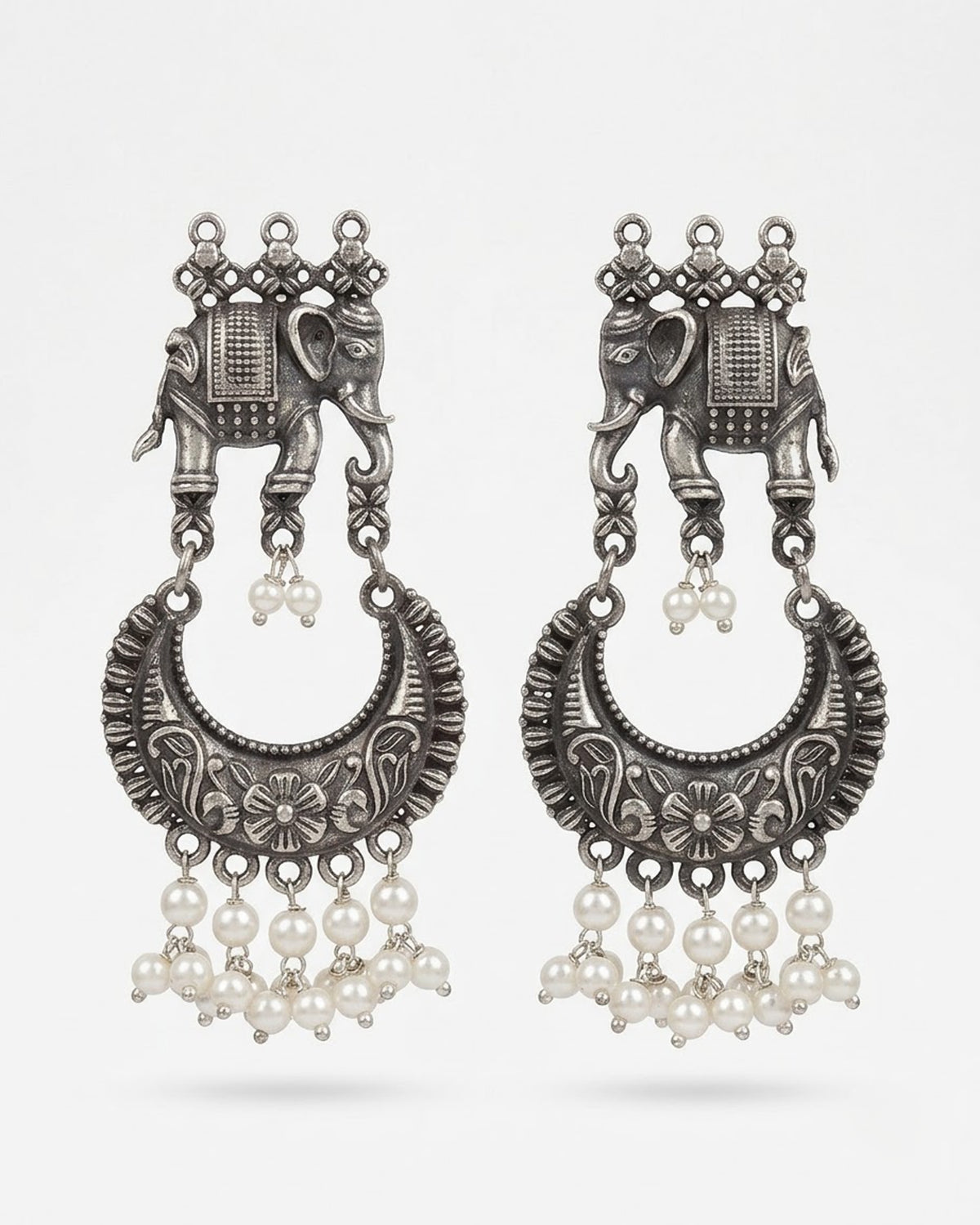 Antique Oxidized Elephant Pearl Chandelier Earrings