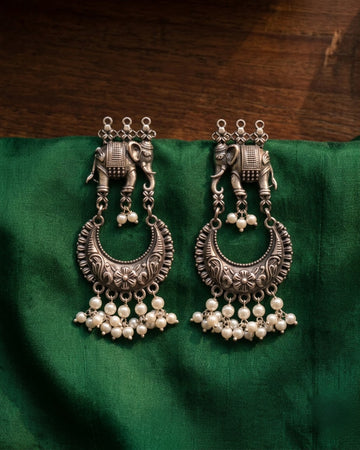 Antique Oxidized Elephant Pearl Chandelier Earrings