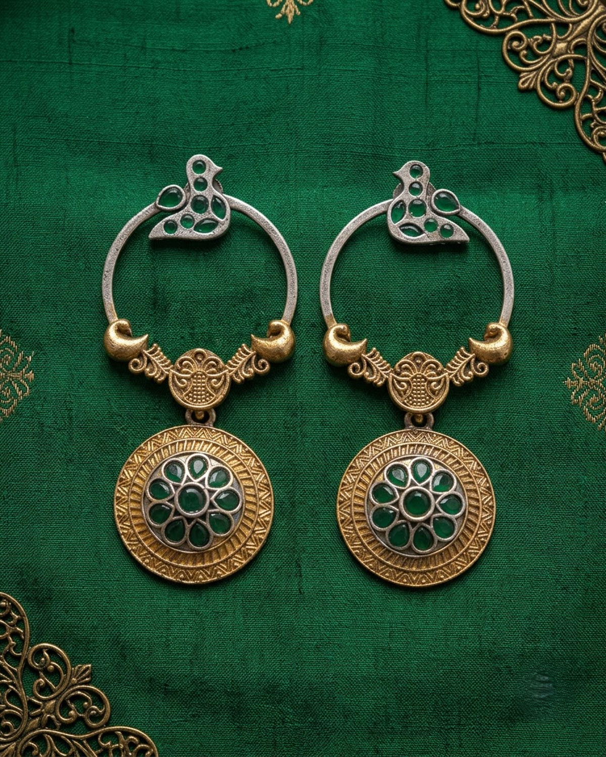 Chidiya Oxidized Dual-Tone Bird Hoop Earrings with Medallion Drop-Green