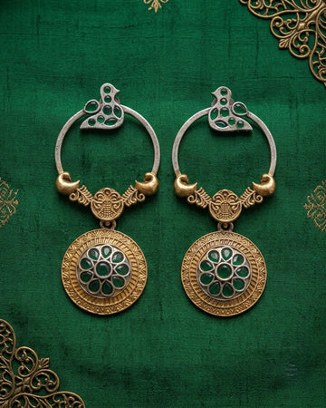 Chidiya Oxidized Dual-Tone Bird Hoop Earrings with Medallion Drop-Green