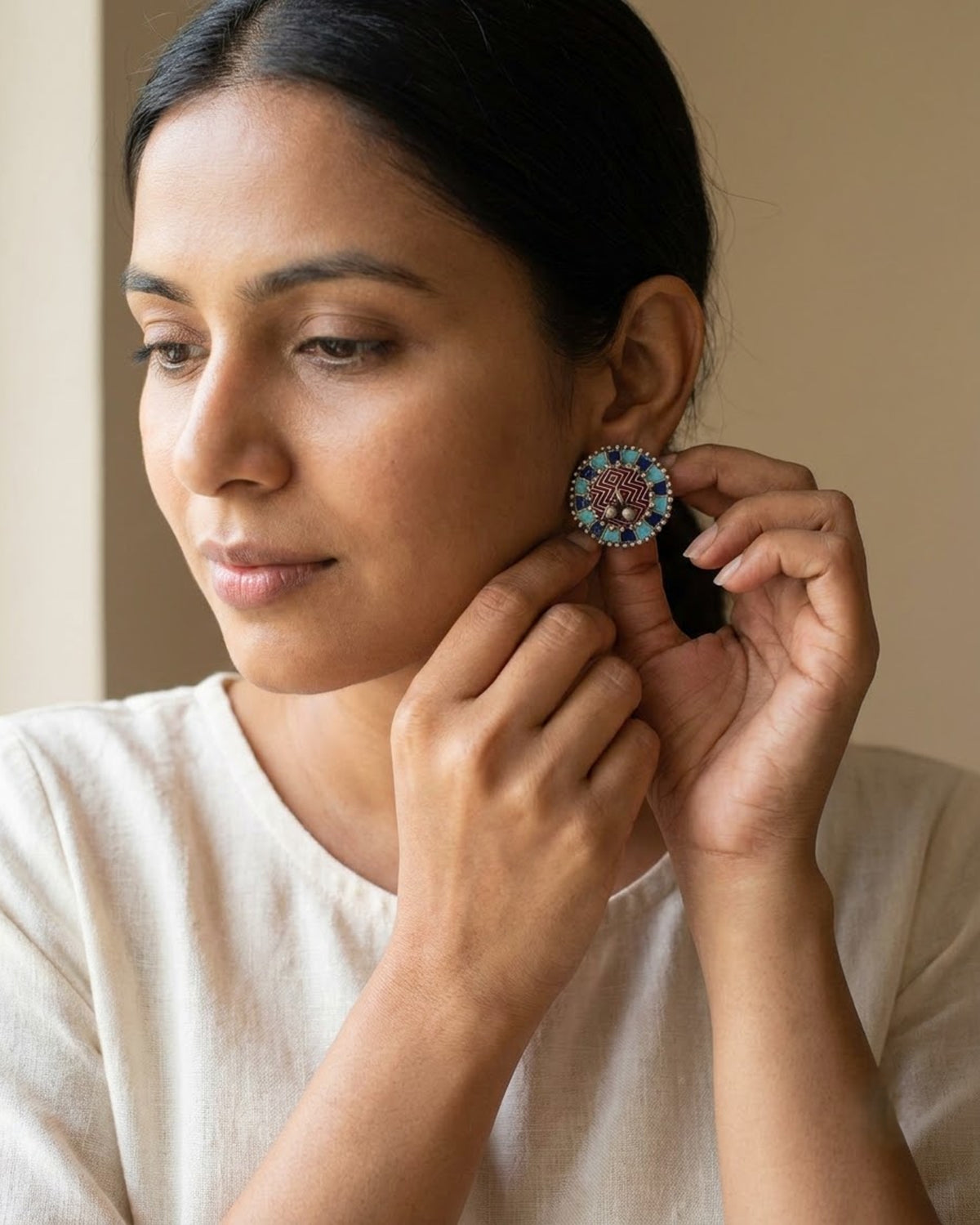 Neelambar Meenakari Round Stud Earrings